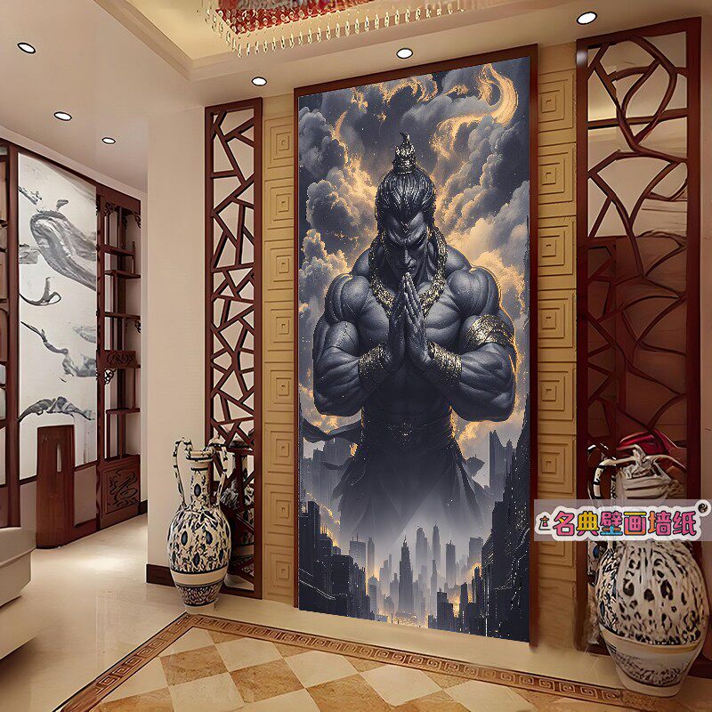 佛像墙纸金刚墙布纹身店背景墙壁画中国风装饰挂布竖版背景布壁纸