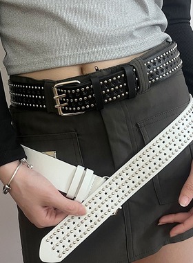 BradyMelivette朋克风星星铆钉宽腰带双排扣皮带辣妹Y2K牛仔裤袋