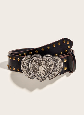 复古爱心按扣腰带2024新款朋克风铆钉牛仔裤裤带时尚穿搭皮带