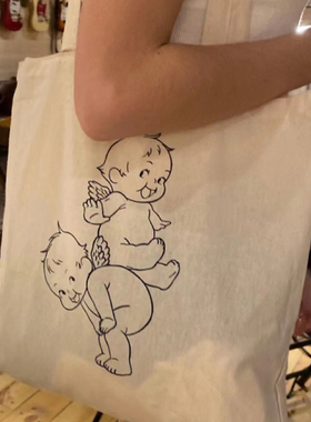 B M帆布包女做旧天使印花学生帆布袋大容量单肩手提包百搭购物袋