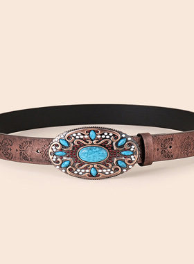 BradyMelivette复古压花做旧扣西部复古腰带女时尚辣妹牛仔裤裤带