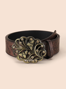 BradyMelivette复古时尚百搭蜜蜂扣腰带民族风印花性感PU腰带