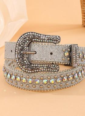 欧美嘻哈说唱y2k朋克Drip镶满钻水钻闪光铆钉腰带PU皮带男女潮ins