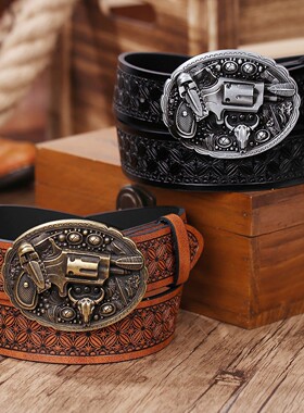 复古风左轮板扣压花PU皮带男女个性左轮手枪造型腰带