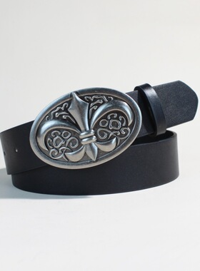 BradyMelivette美式复古鸢尾花椭圆扣皮带男黑色头层牛皮腰带