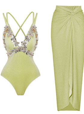 2026欧美泳装新款绿色细闪面料贴花高级感连体泳装女跨境25114