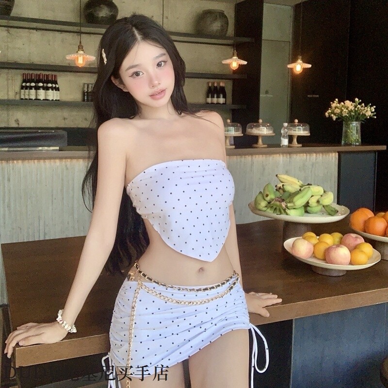 2025新款性感波点抹胸分体裙式游泳衣女比基尼三件套小胸海岛温泉