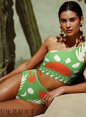 现货欧美新款亚马逊斜肩印花显瘦泳衣女高腰比基尼25163