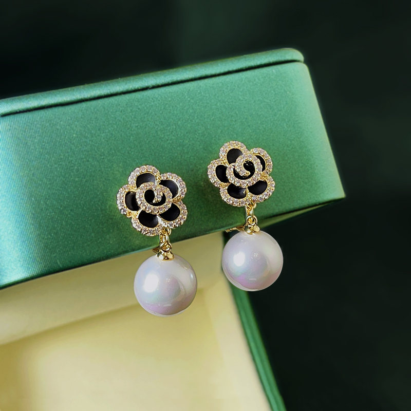 经典百搭无痛无耳洞珍珠耳夹女气质时尚法式复古黑色山茶花长耳坠