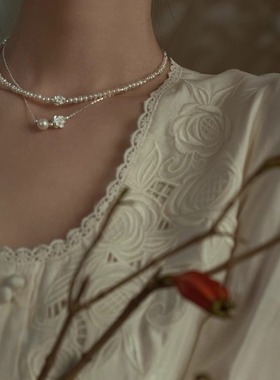 《不染》999足银莲花强光淡水珍珠项链百搭叠戴小众纯银锁骨颈链