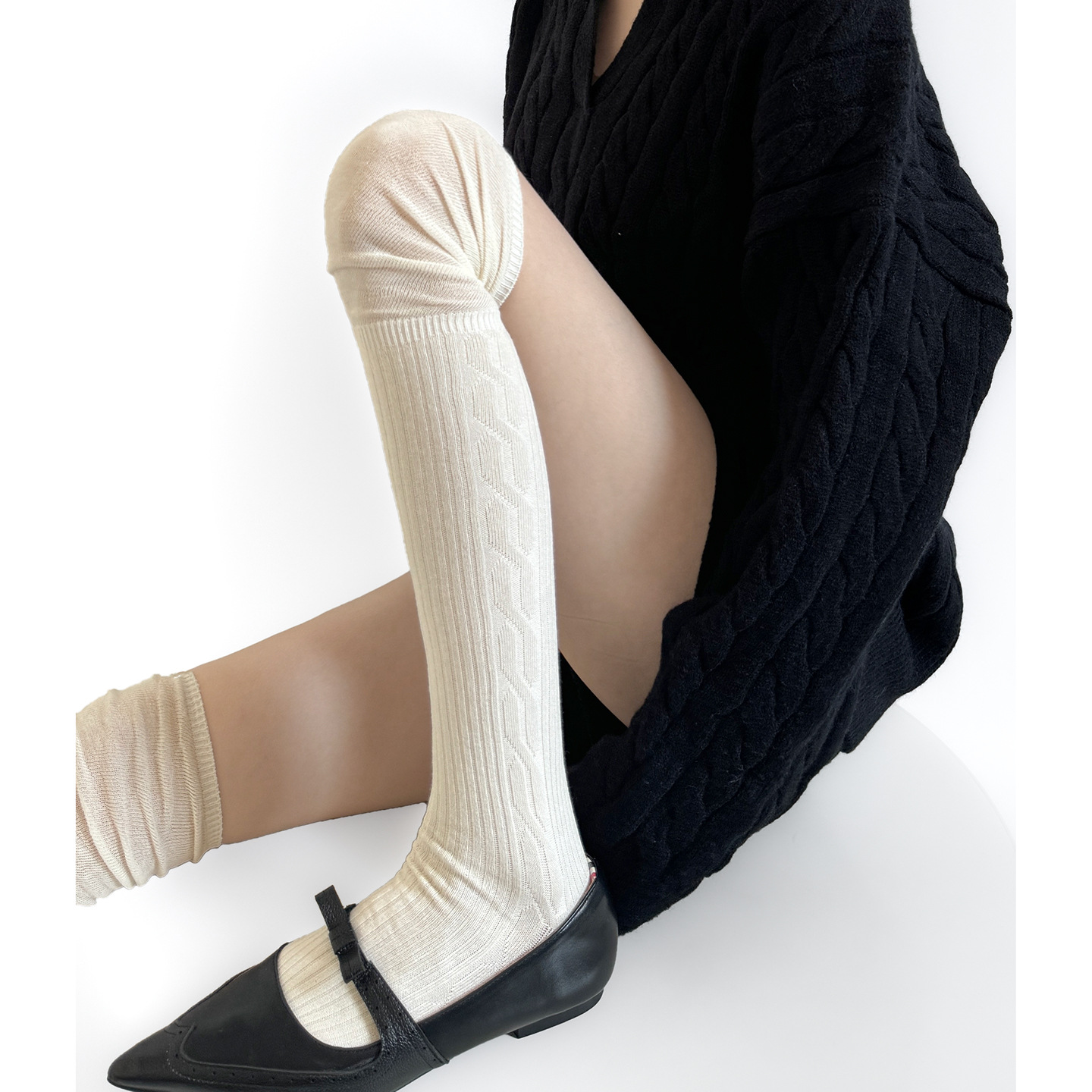 洛丽塔白色拼接过膝袜miu风麻花长筒小腿袜女秋冬配靴子jk堆堆袜