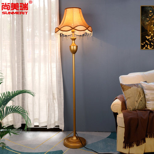 欧式客厅落地灯复古典书房卧室古铜棕色布艺立式台灯遥控调光LED