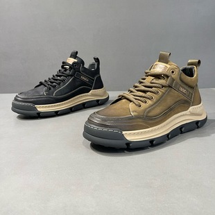 海丽男鞋秋冬厚底增高加绒棉鞋舒适透气复古不臭脚牛皮高帮板鞋潮