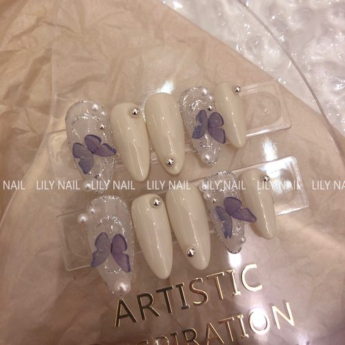 Lilynail仙气酸奶白珍珠蝴蝶可拆卸成品新娘美甲贴片手工定制穿戴 - 封面