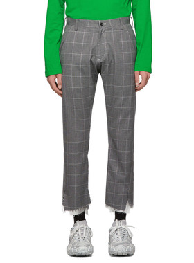 YOJI OOAK GRAY绅士灰色格纹休闲裤毛边羊毛小脚裤烟管裤港风男士