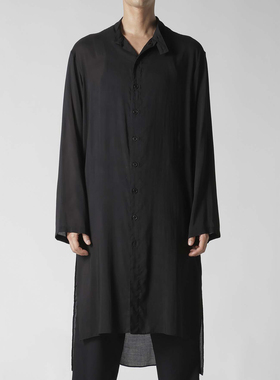 YOJI OOAK 黑色中长款单排扣衬衫立领长袖前短后长侧边开叉衬衣男