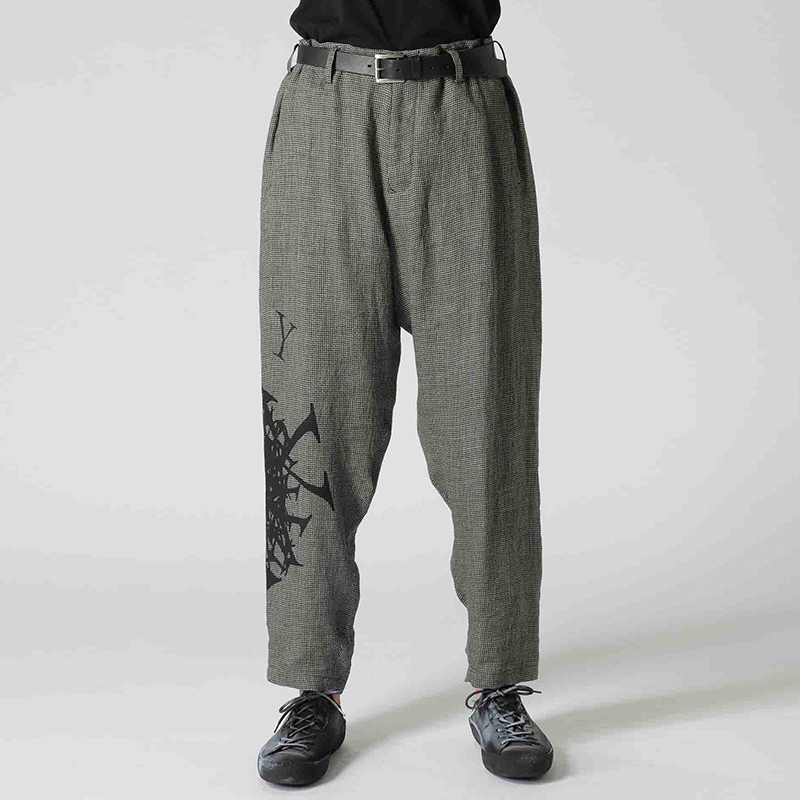 YOJI OOAK 原创设计格子印花图案宽松休闲长裤亚麻格纹直筒裤子潮