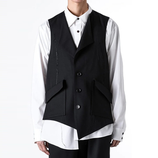 领无袖 不对称下摆单排扣设计感大口袋马甲黑色西装 马夹 OOAK YOJI