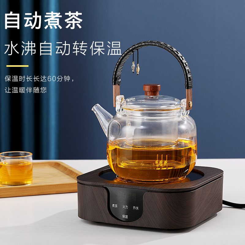 璃韵堂电陶炉煮茶壶茶具黑白茶花茶壶玻璃烧水壶蒸茶器茶炉套装