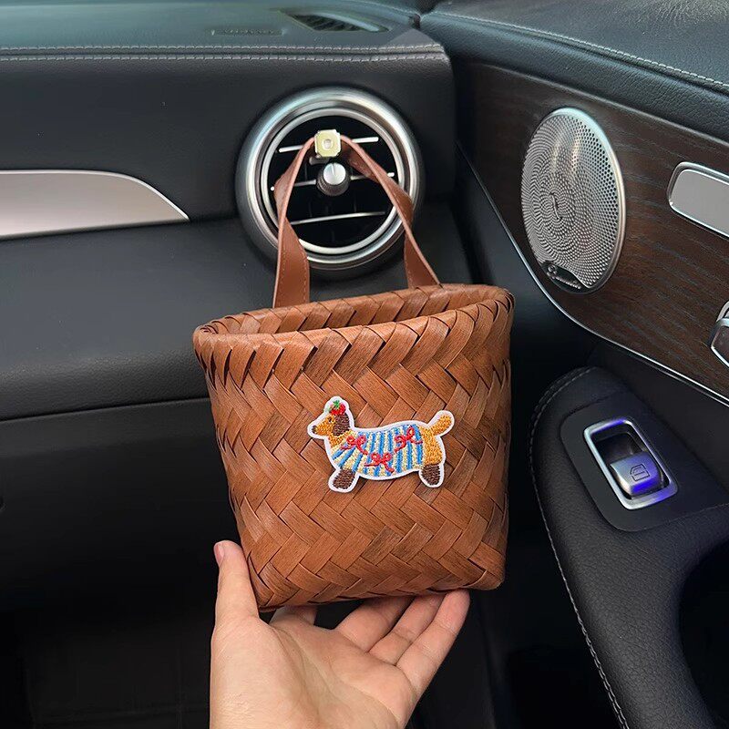 车载垃圾桶悬挂式卡通刺绣编织可爱复古挂式收纳袋置物桶汽车用品