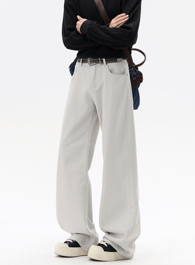 NineteenAutumn男生宽松牛仔裤美式复古水洗直筒百搭浅灰色长裤