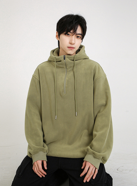 NineteenAutumn冬季美式复古潮牌羊羔绒加厚连帽卫衣宽松套头男女