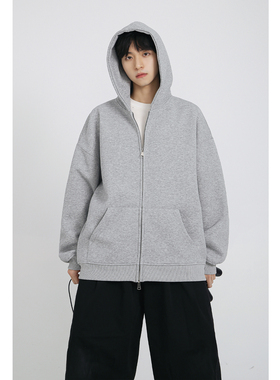 NineteenAutumn情侣开衫卫衣400g宽松休闲简约纯色基础连帽外套男