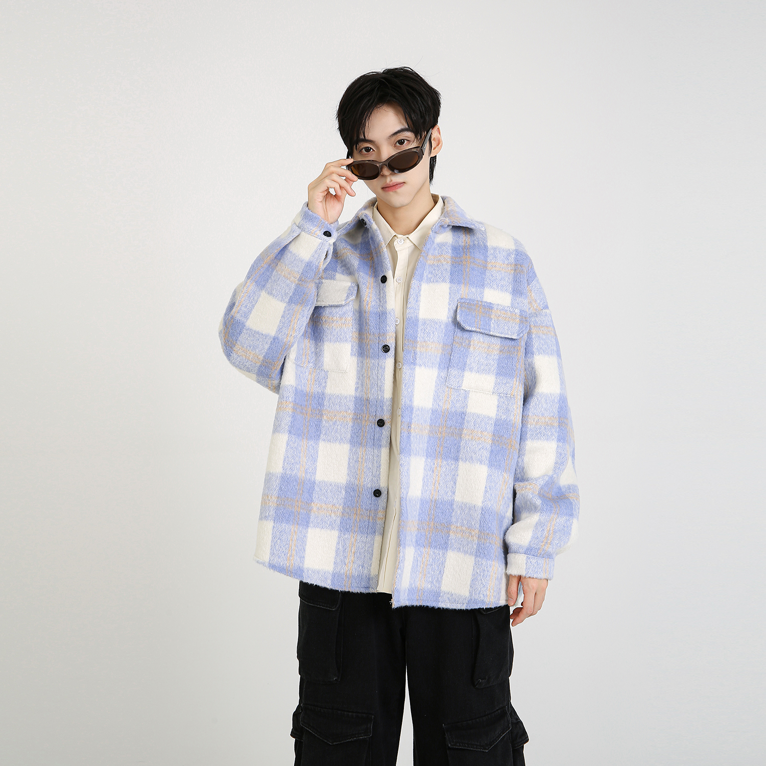 NineteenAutumn情侣装格子衬衫外套美式复古宽松毛呢夹克翻领男女