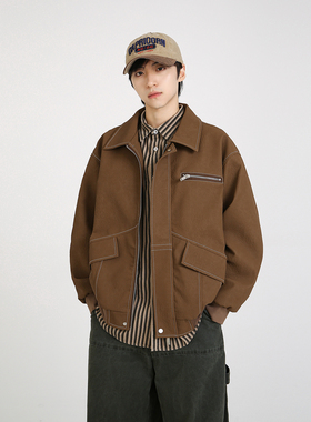 NineteenAutumn 秋季新款工装风美式复古翻领皮衣夹克PU皮外套男