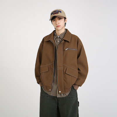 NineteenAutumn 秋季新款工装风美式复古翻领皮衣夹克PU皮外套男