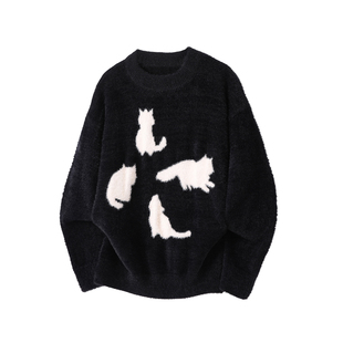 NineteenAutumn卡通猫咪毛衣男女同款美式潮牌针织衫慵懒情侣上衣