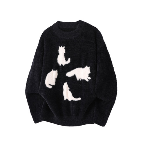 NineteenAutumn卡通猫咪毛衣男女同款美式潮牌针织衫慵懒情侣上衣