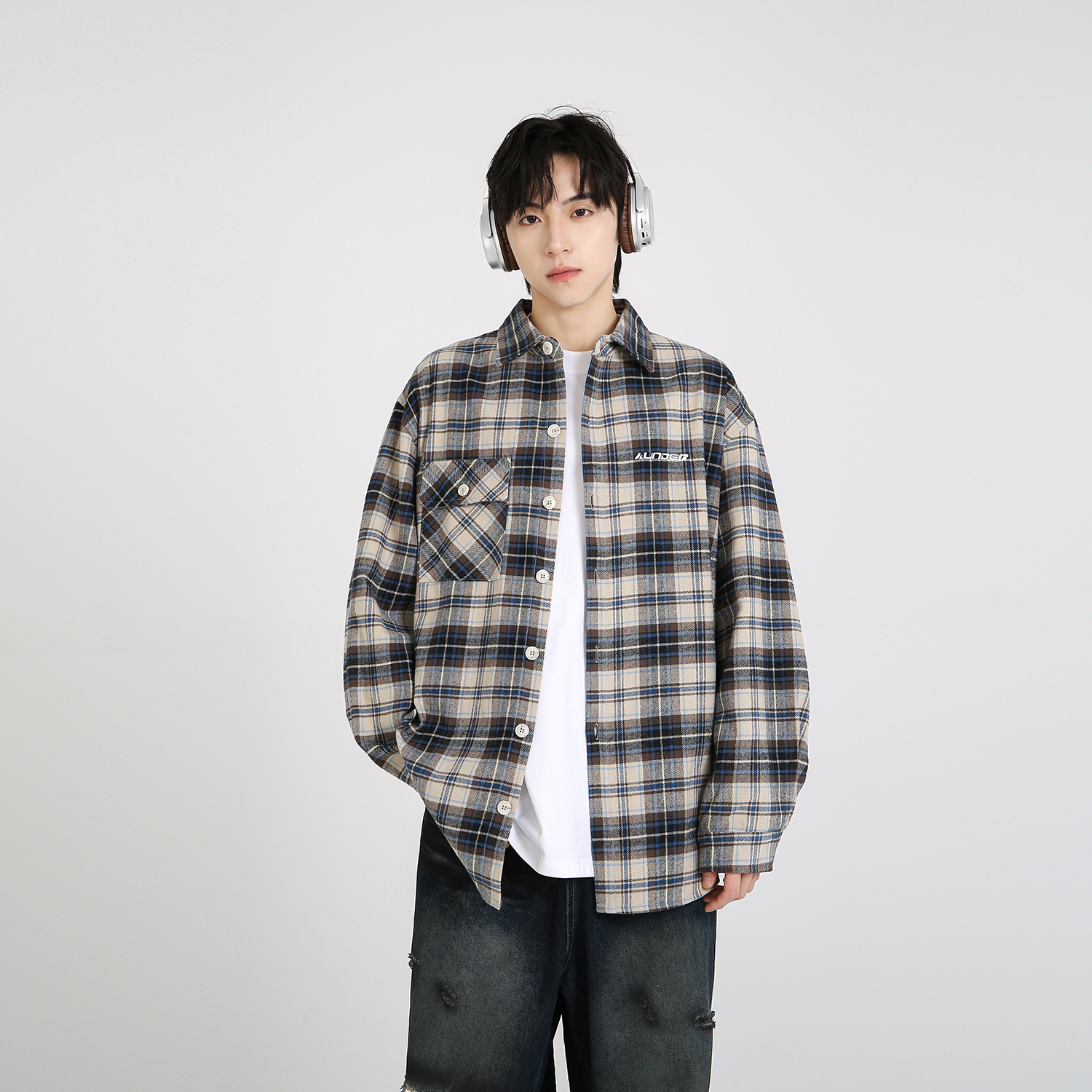 NineteenAutumn美式复古格子衬衫外套情侣男女同款宽松长袖衬衣潮