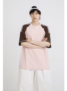 十九秋/夏季新款青少年学生插肩袖撞色短袖T恤宽松休闲个性上衣男