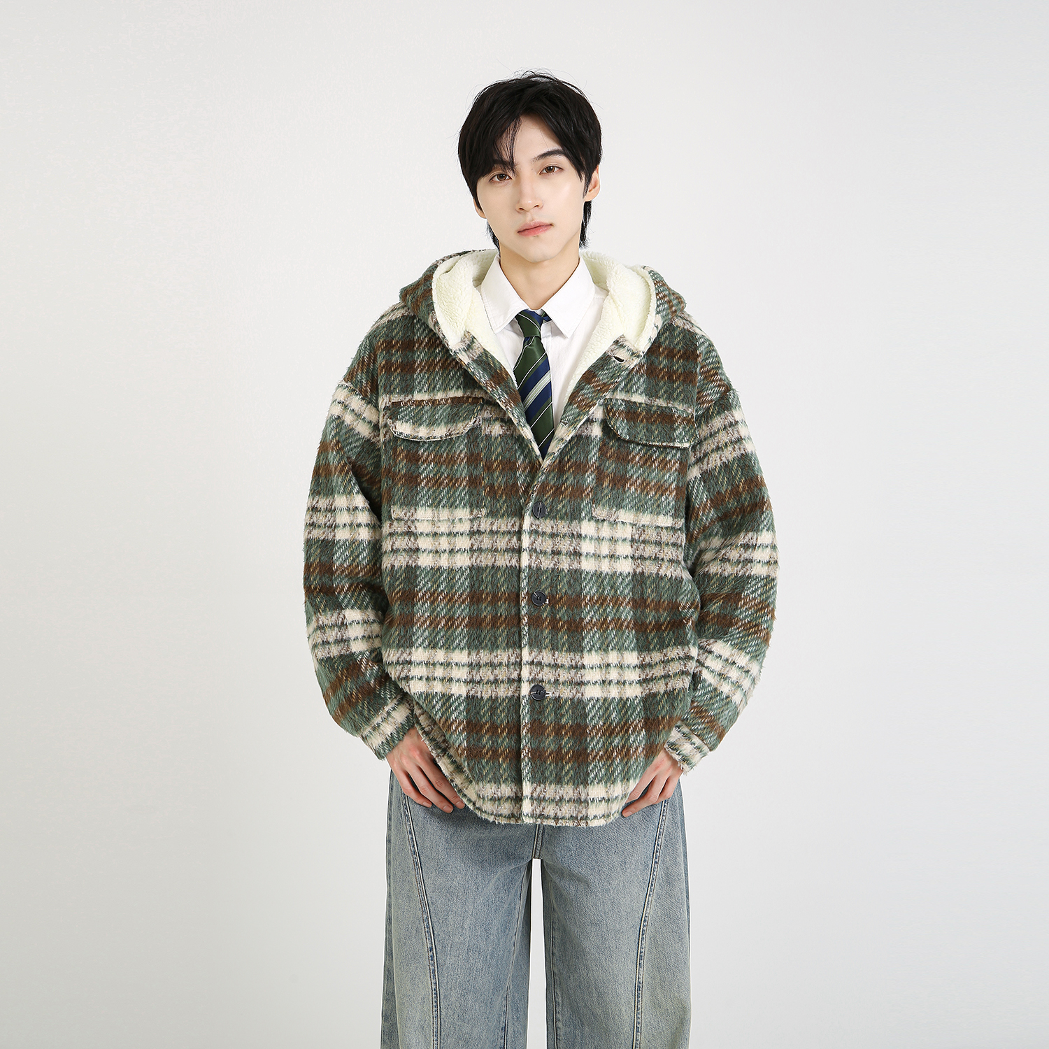 NineteenAutumn 慵懒风羊羔毛外套连帽宽松情侣男女同款毛呢棉衣