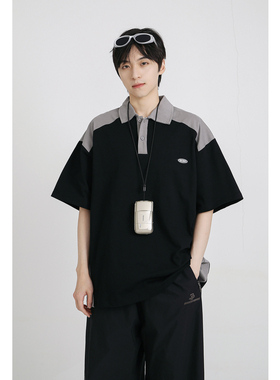 十九秋/2025夏季新款男生美式重磅Polo衫短袖T恤百搭宽松拼接撞色