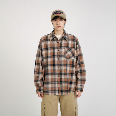 NineteenAutumn 男女同款格子衬衫宽松休闲复古日系长袖衬衣外套
