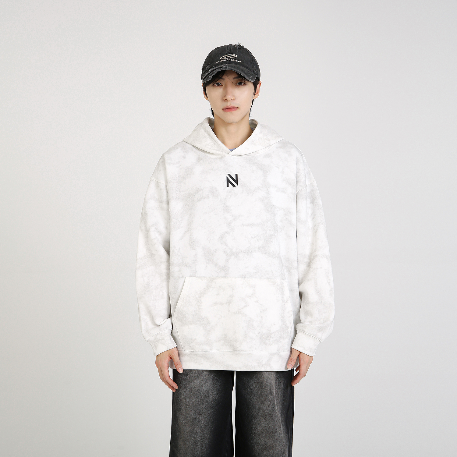 NineteenAutumn美式潮牌做旧扎染连帽卫衣宽松蜡染重磅上衣外套男