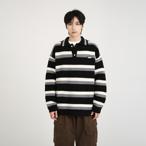 NineteenAutumn复古撞色条纹POLO衫宽松休闲百搭针织衫毛衣男女