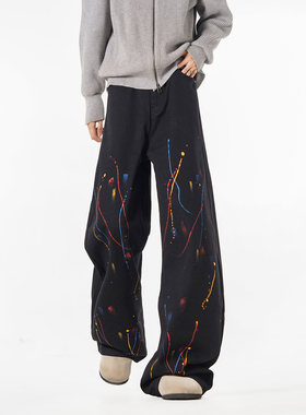 NineteenAutumn 复古水洗做旧宽松阔腿牛仔裤男百搭潮流泼墨长裤