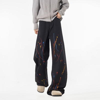 NineteenAutumn 复古水洗做旧宽松阔腿牛仔裤男百搭潮流泼墨长裤