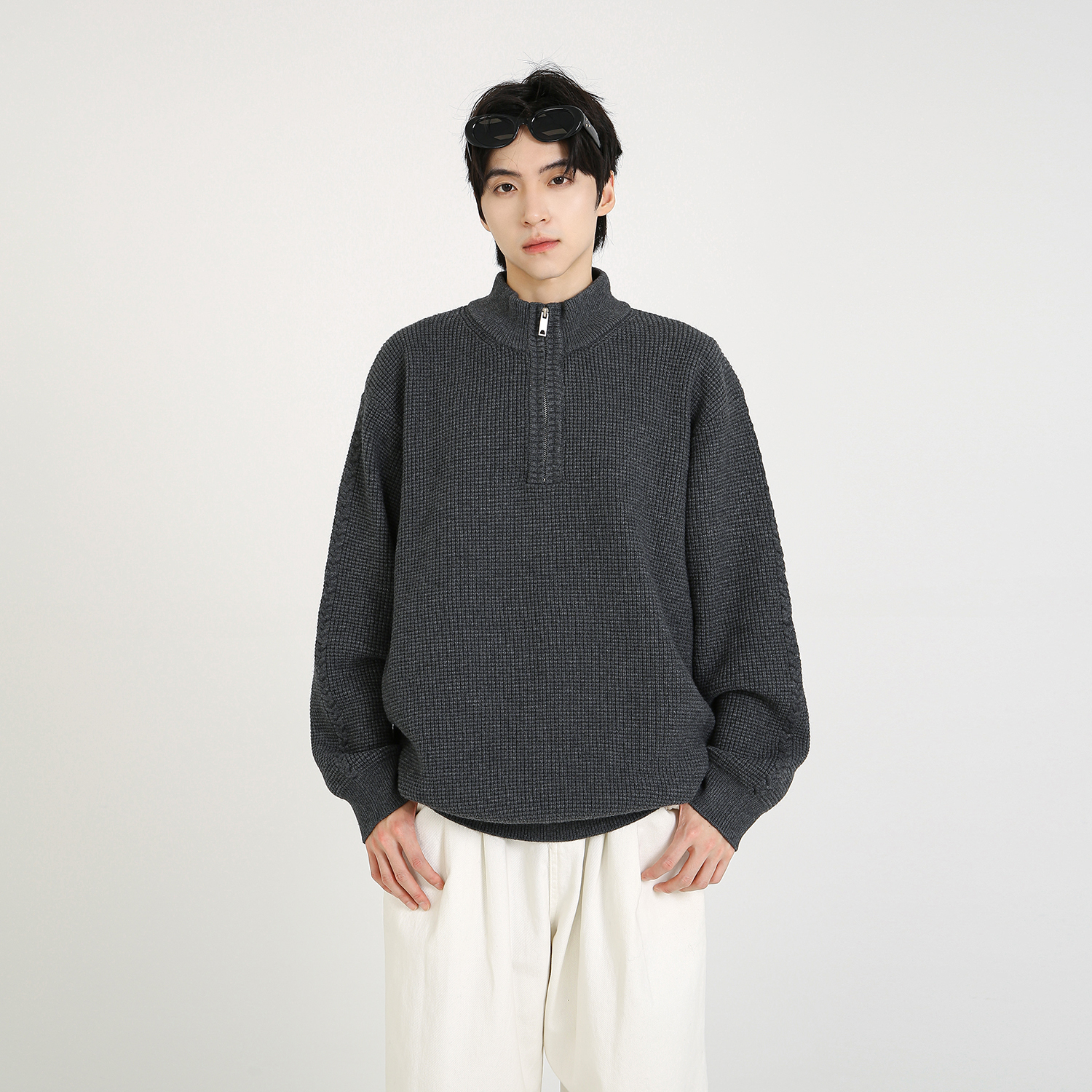 NineteenAutumn 美式基础宽松半拉链毛衣慵懒风套头立领针织衫男