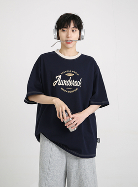 NineteenAutumn 男生美式复古短袖T恤宽松撞色印花青少年学生半袖
