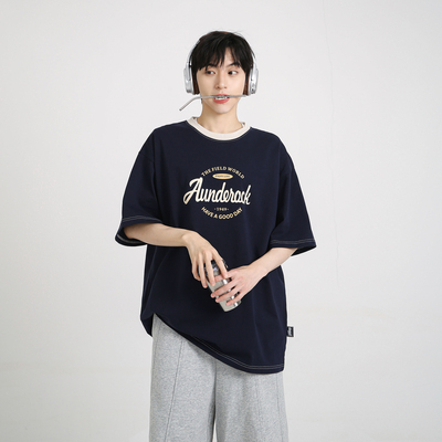 NineteenAutumn 男生美式复古短袖T恤宽松撞色印花青少年学生半袖