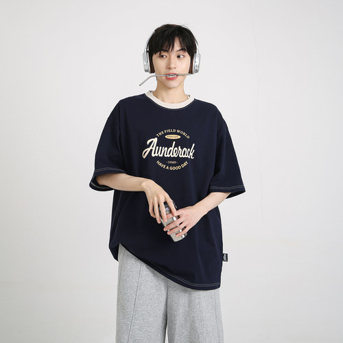 NineteenAutumn 男生美式复古短袖T恤宽松撞色印花青少年学生半袖