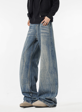 NineteenAutumn美式闪电纹阔腿牛仔裤直筒宽松潮牌休闲高街长裤男