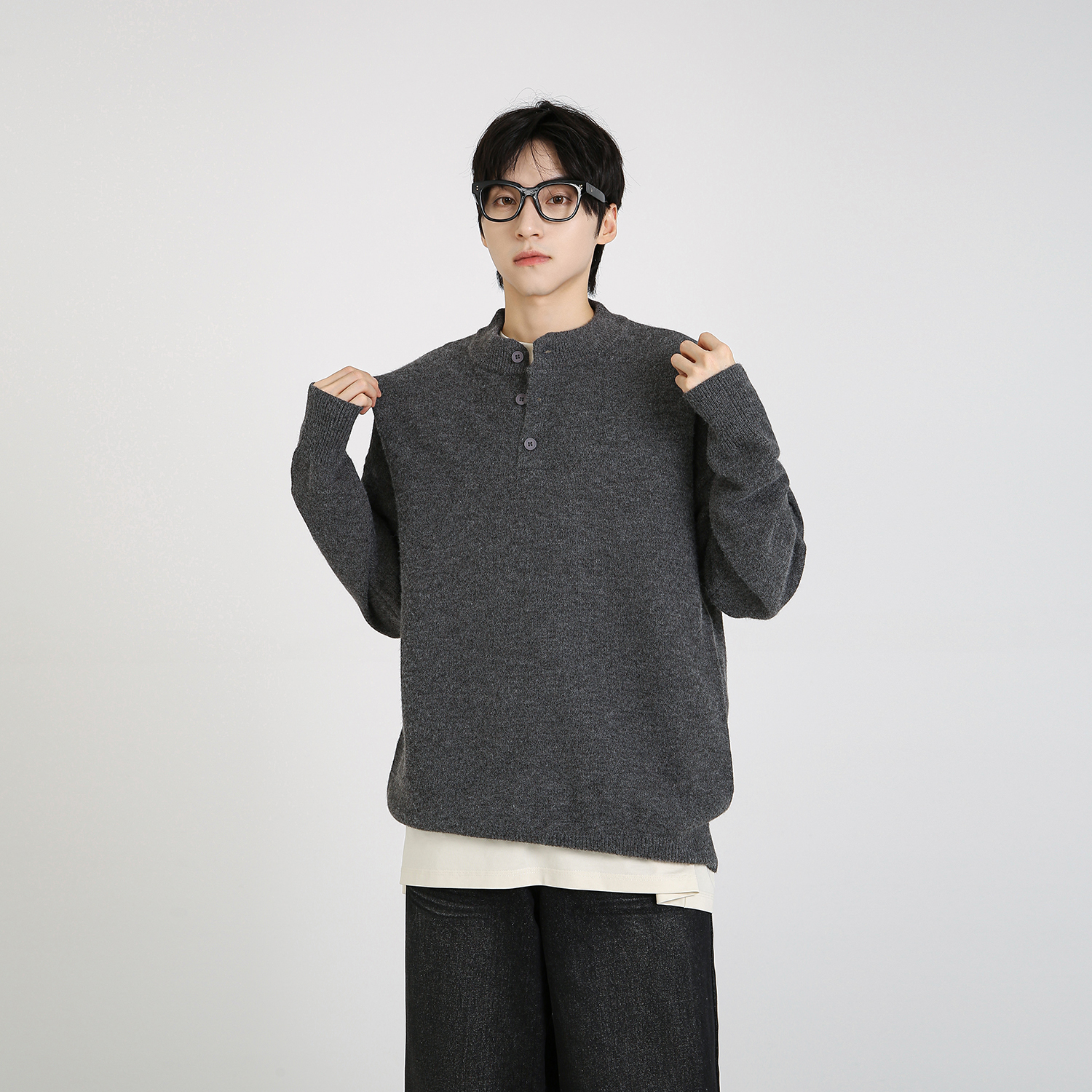NineteenAutumn复古亨利领毛衣打底衫冬季慵懒风套头针织衫上衣男