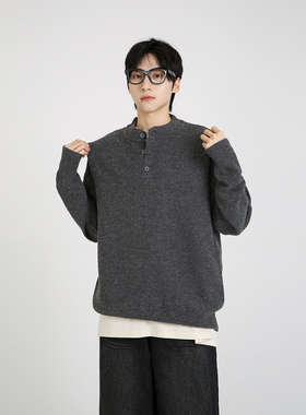 NineteenAutumn复古亨利领毛衣打底衫冬季慵懒风套头针织衫上衣男