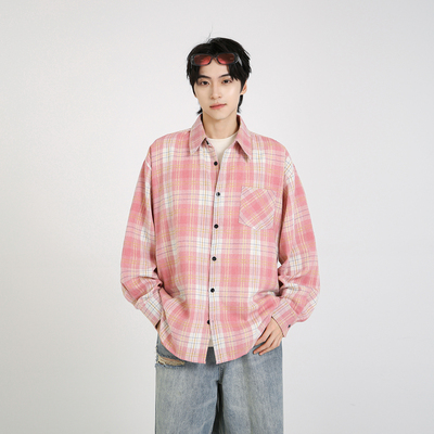 NineteenAutumn情侣款复古格纹长袖衬衫宽松撞色衬衣学生男女同款