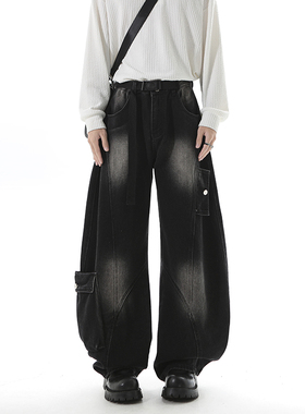 NineteenAutumn 美式水洗做旧工装牛仔裤男黑色阔腿长裤学生潮流